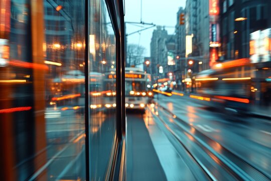Busy street scene with blurred motion effects during evening hours in a vibrant urban area