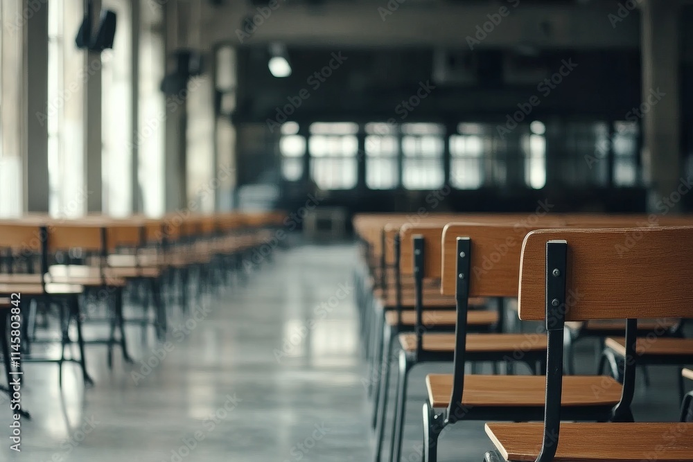 Poster empty classroom with rows of wooden desks and a spacious atmosphere during daylight hours