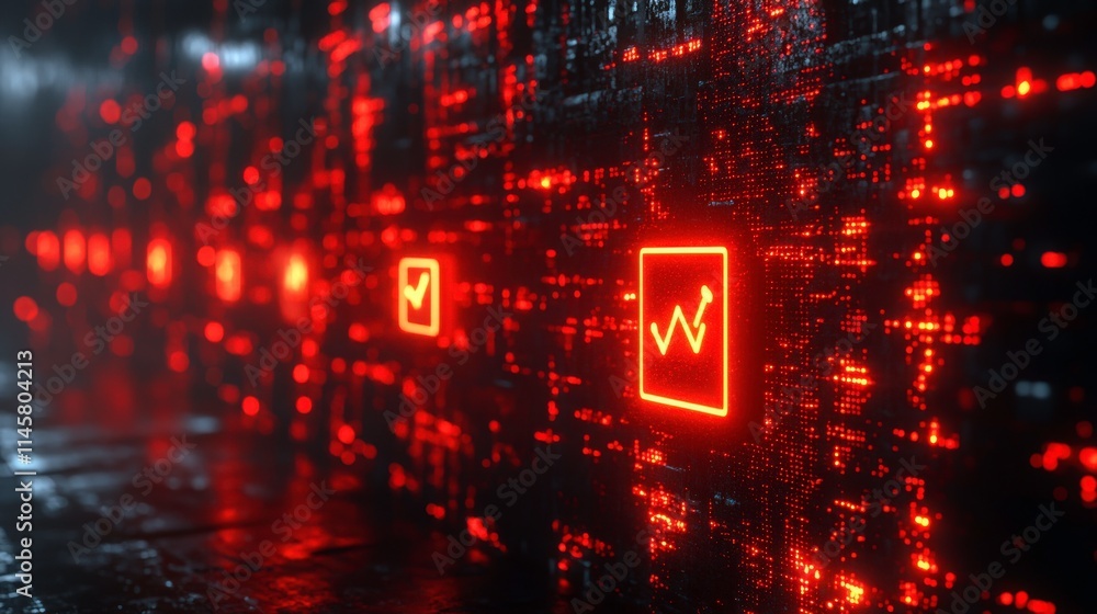 Poster abstract digital representation of red glowing graphs and stock market trends on a dark matrix backg