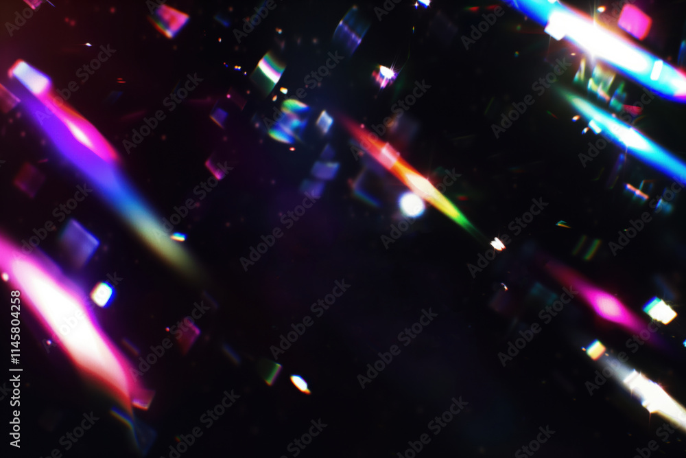 Poster abstract light beams in vibrant colors, bokeh and sparkling particles overlay on dark background. ra