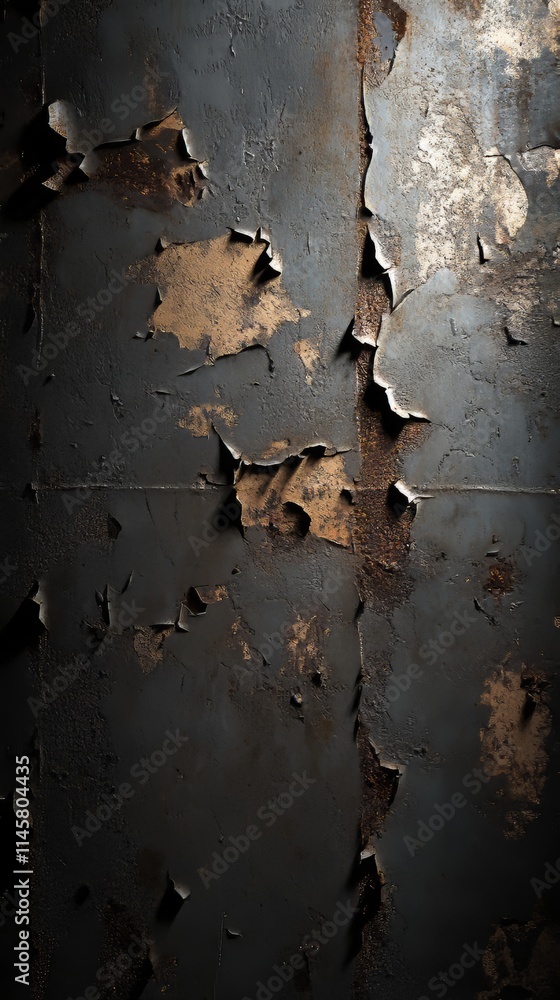 Poster inverted image of scratch marks and peeling paint on metal wall,scratch and rust markings on old met