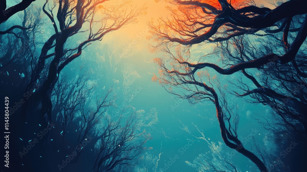 Poster mysterious forest canopy with twisting tree branches and soft light filtering through