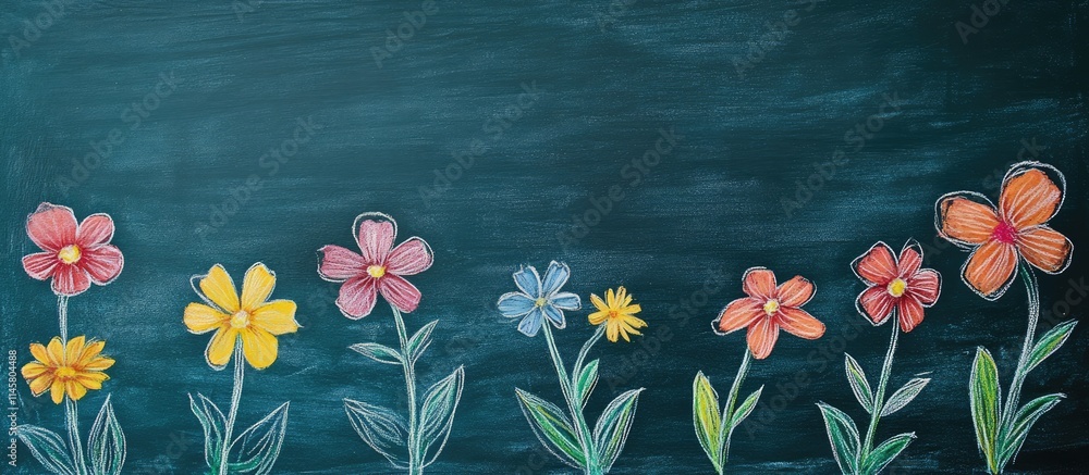 Poster chalk drawing of colorful flowers on a blackboard background creating a vibrant and artistic classro