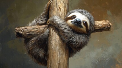 Fototapeta premium Sloth clinging to a wooden post in a tranquil setting showcasing its unique charm and habitat in the wild.