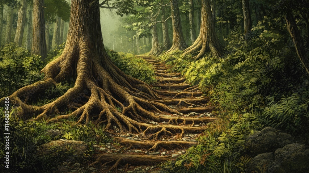 Poster roots of ancient pines and cedars create a natural staircase along a serene forest path surrounded b