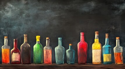 Colorful alcohol bottles neatly arranged on a wooden shelf with a textured chalkboard backdrop for a vintage bar or restaurant setting.