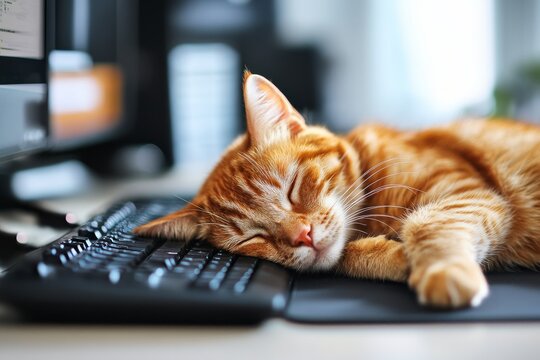 Cat relaxes on keyboard in a cozy home office during a quiet afternoon