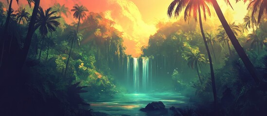 Tropical sunset over serene waterfall surrounded by lush palm trees and vibrant foliage in a peaceful paradise setting
