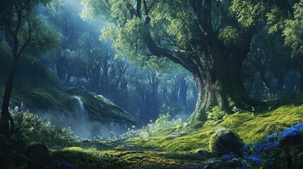 Obraz premium Lush forest scene with ancient trees, vibrant moss, cascading light, and tranquil atmosphere creating a serene natural landscape.
