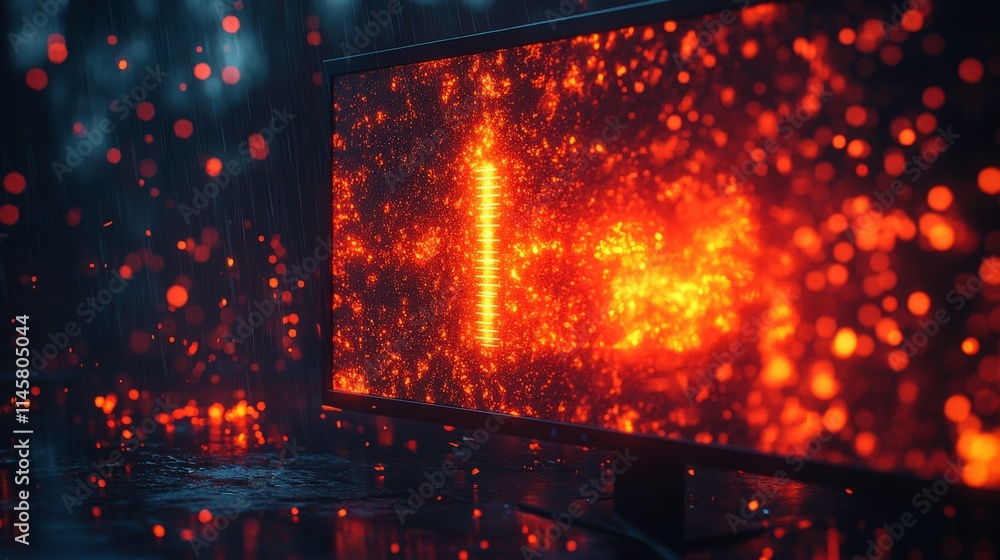 Poster digital screen displaying vibrant red and orange particles in chaotic motion, creating a fiery abstr