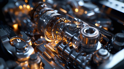 Naklejka na ściany i meble Car engine compartment view, combustion engine.