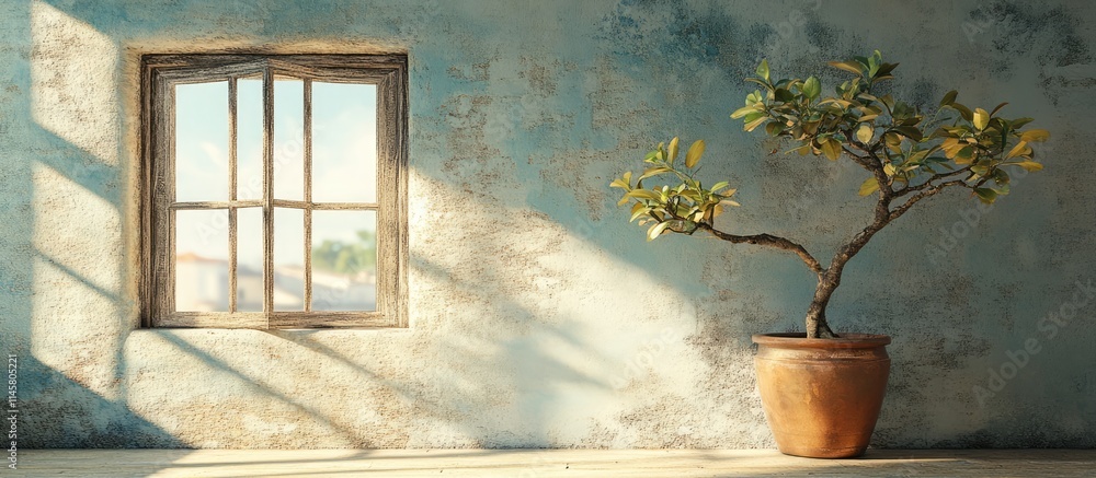 Poster quaint vintage interior featuring a rustic window and a potted tree casting gentle shadows on a text