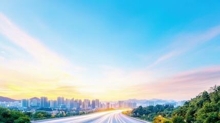 Fototapeta premium City highway sunrise, light trails, cityscape.