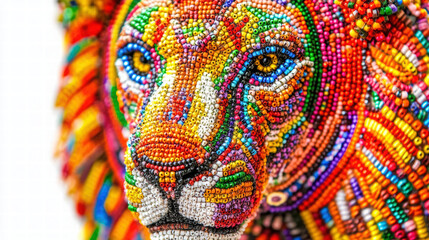 detailed beaded lion head showcasing vibrant tones and intricate patterns, reflecting African artistry and culture. This colorful piece captures attention and evokes admiration