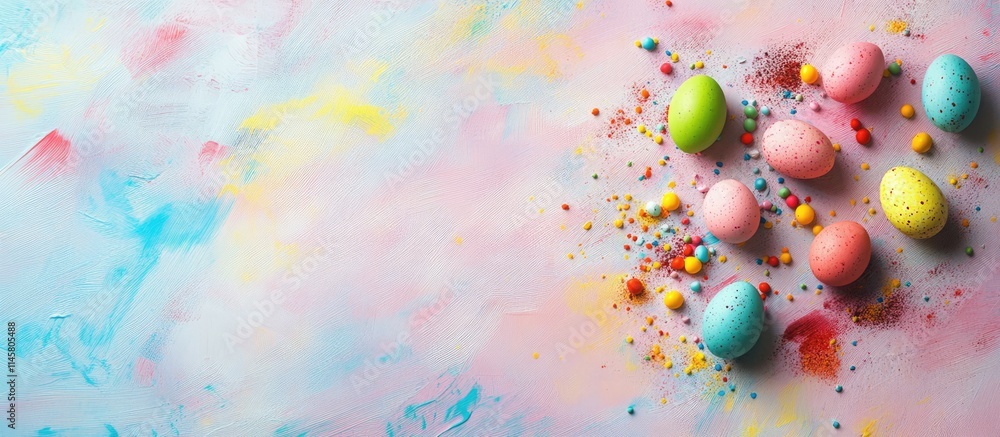 Poster colorful easter eggs on a pastel surface with space for text creating a festive backdrop for spring 