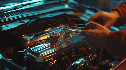 Car engine compartment view, combustion engine.