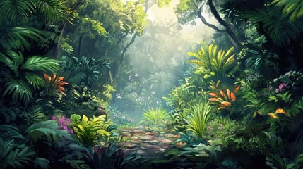Obraz premium Lush Cloud Forest Scene Highlighting Endemic Vegetation and Vibrant Flora in a Mystical Natural Environment