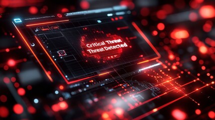 Futuristic Cybersecurity Interface Highlighting Critical Threat Detection with Red Visual Elements and Digital Patterns Symbolizing Online Protection and Data Security
