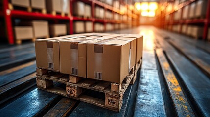 Warehouse boxes on a pallet represent packaging, manufacturing, distribution, delivery logistics, suppliers, wholesale, and shipping cargo.
