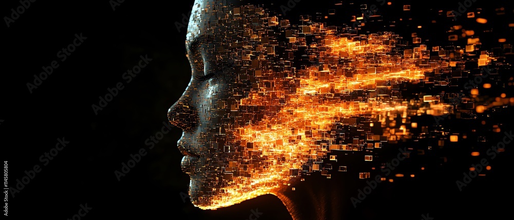 Poster abstract fragmented digital face made of floating cubes, representing ai and technological breakthro