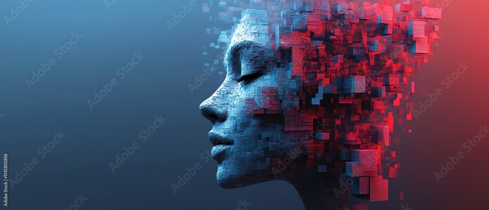 Poster abstract fragmented digital face made of floating cubes, representing ai and technological breakthro