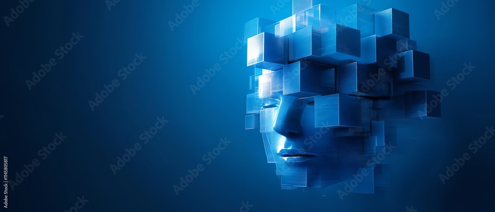 Poster abstract fragmented digital face made of floating cubes, representing ai and technological breakthro
