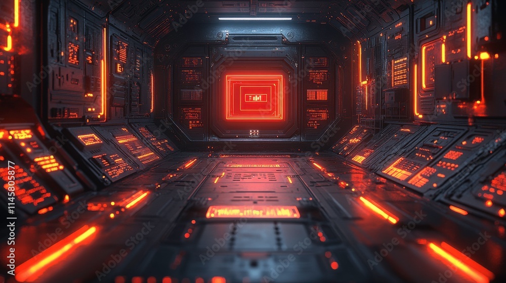 Poster futuristic sci-fi corridor with glowing red lights and high-tech control panels, featuring a seamles