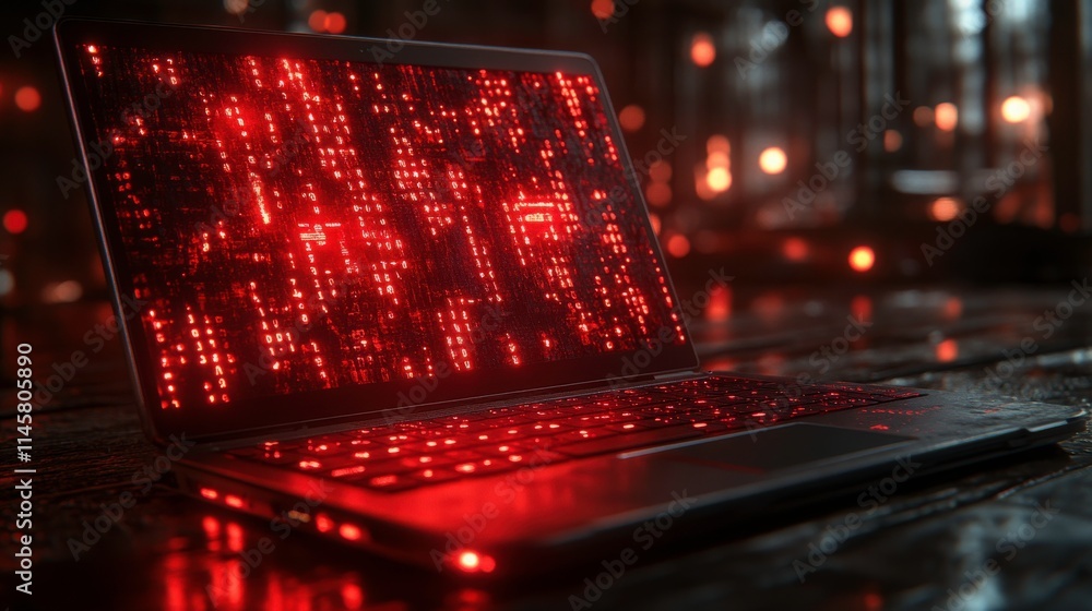 Poster futuristic laptop with glowing red code on screen in a high-tech environment, symbolizing cybersecur