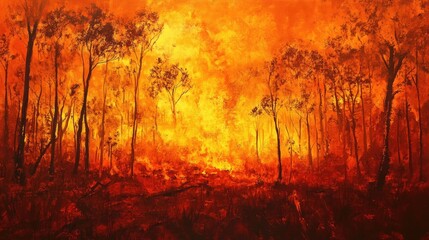Fototapeta premium Vivid depiction of a forest fire engulfing a landscape with blazing flames highlighting the destructive force of wildfires in nature.