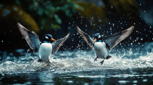 Young Goosanders frolic in the flowing waters of a serene river in Latvia