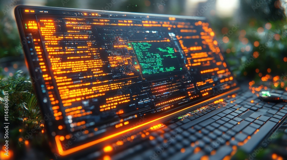 Poster glowing computer screen with neon code and data visualizations amidst a natural background, symboliz