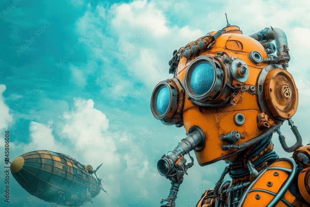 Poster a steampunk robot with distinctive accessories and a floating airship in a dramatic cloudy sky, show