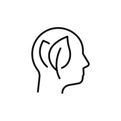 Green thinking icon. Simple outline style. Think green, nature and ecology, person head with leaves, plant, leaf, environment concept. Thin line symbol. Vector illustration isolated.