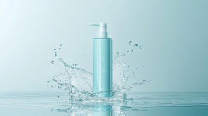 Cleanser for face cosmetics bottle mockup banner. Skin care cosmetic pump tube on blue background with water drops. Facial cleansing product packaging design, promo. Realistic 3d vector illustration