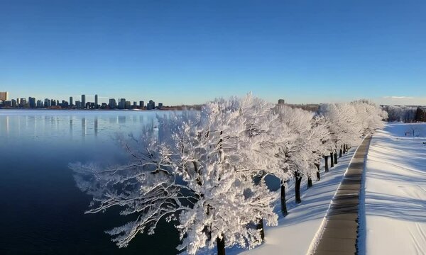 Winter Landscape with Snow-Covered Trees and City Skyline