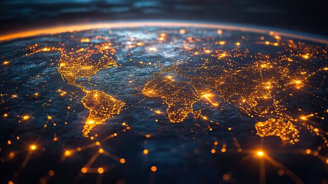 Web lights represent global connections, networking, and worldwide communication lines.