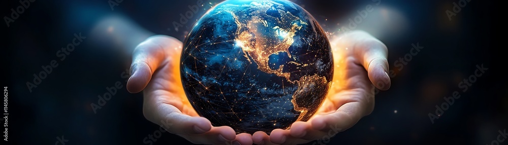 Poster bright holographic globe with interconnected data points, hands reaching out, emphasizing global col
