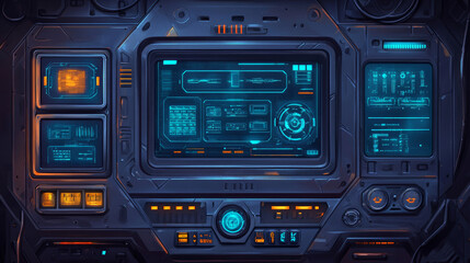 Fototapeta premium Game hud frames in sci fi style for shop and daily reward. Vector futuristic design of game gui elements with buttons and blue border isolated on black background