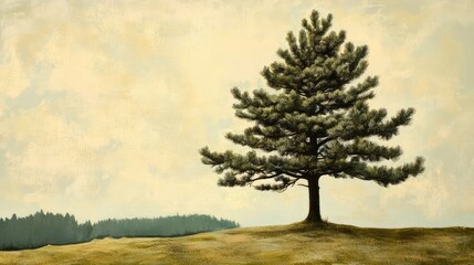 Lone Pine Tree Silhouette Against Soft Sky with Distant Forest Background in Natural Landscape Illustration