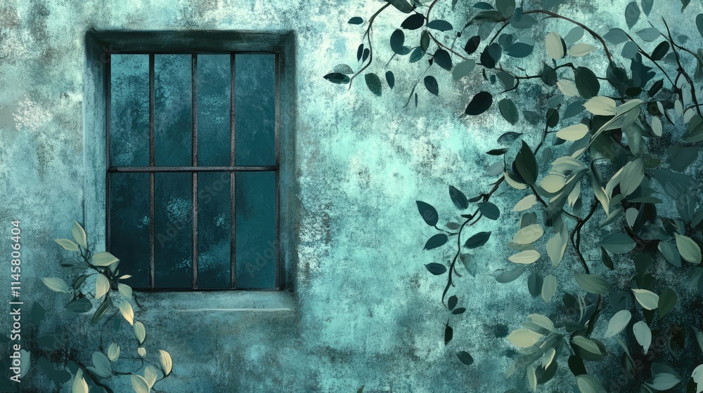 Aufkleber barred window frame surrounded by lush green vines on a weathered wall creating a serene organic bac