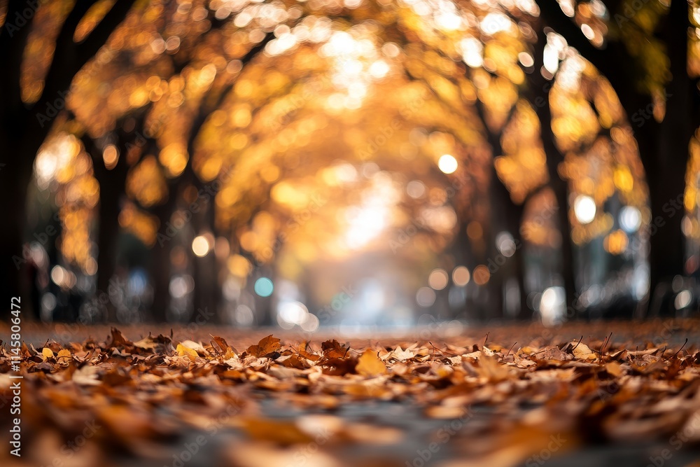 Poster autumn leaves carpet a serene pathway lined with trees in a tranquil urban setting during golden hou