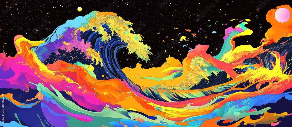 Poster vibrant abstract waves in dynamic colors against a starry background illustrating fluidity and motio