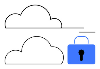 Two clouds, one locked with a blue lock. Ideal for data protection, secure storage, cybersecurity, internet safety, online privacy, cloud computing services and encryption. Line metaphor