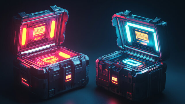 Game futuristic boxes, future technology chests open, closed. Icons of sci-fi equipment, loot boxes with electronic lock and display with neon light, vector cartoon illustration isolated on background
