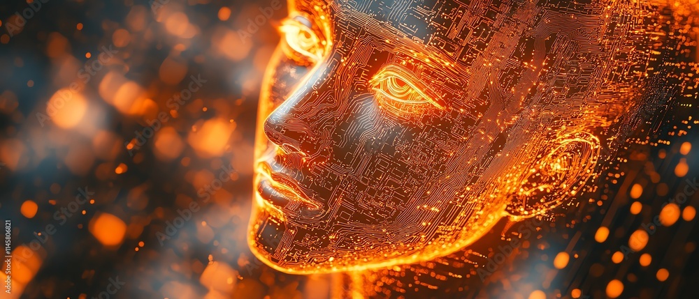 Poster closeup of a circuit board with a copperetched human head design, highlighting the connection betwee
