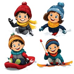 Happy Children Enjoying Winter Fun with Sledding and Snow Activities