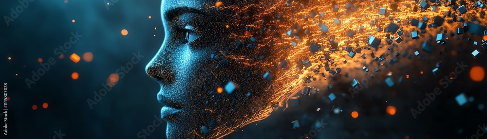 Poster closeup of a fragmented digital face made of floating cubes, representing ai and technological evolu