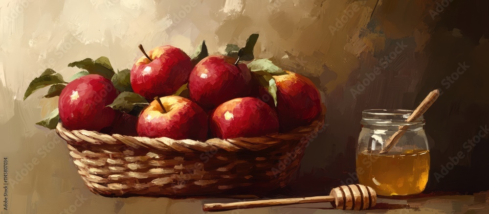 Poster ripe red apples in a wicker basket beside a jar of honey and wooden spoon creating a rustic and invi