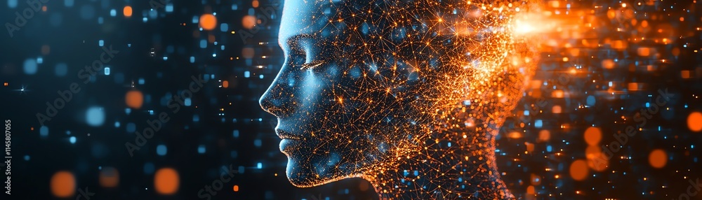 Poster closeup of a fragmented digital face made of floating cubes, representing ai and technological evolu