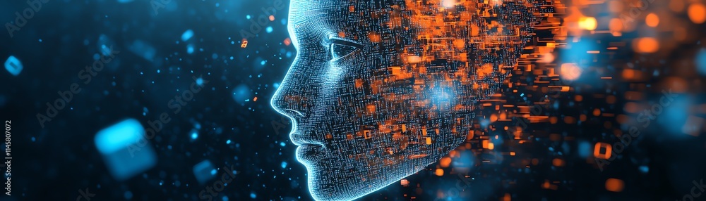Poster closeup of a fragmented digital face made of floating cubes, representing ai and technological evolu